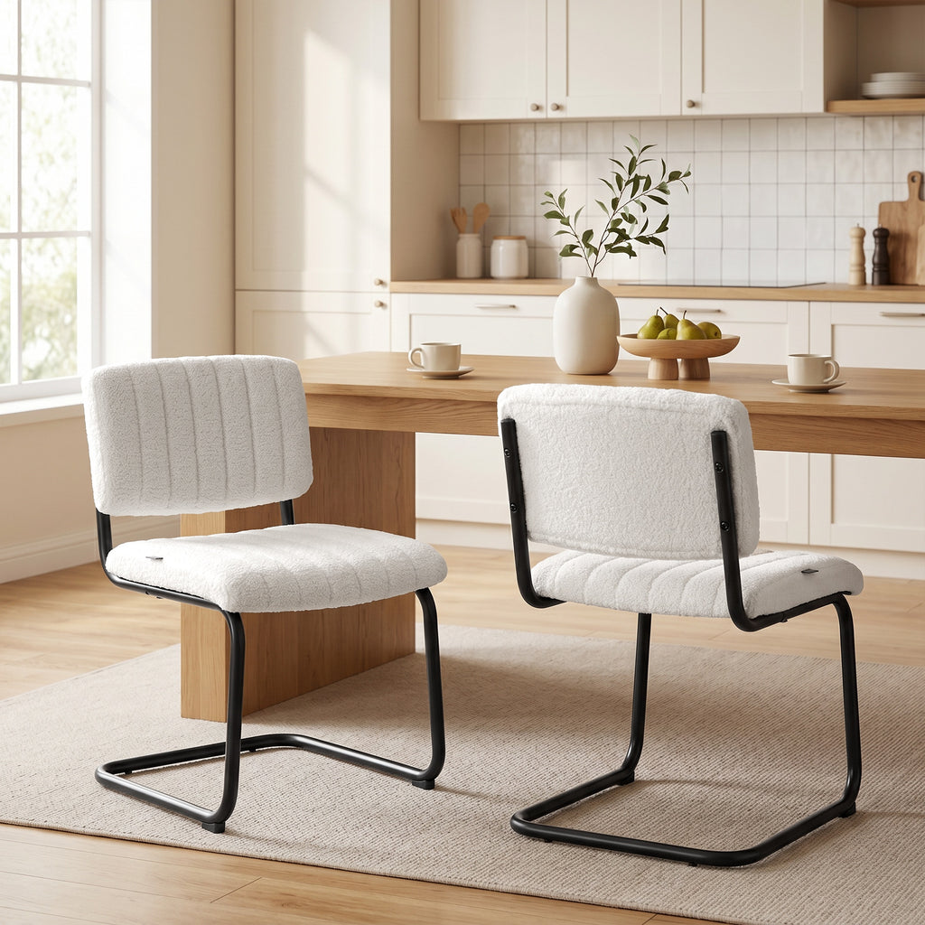 Esszimmerstühle 2er Set modern Freischwinger Stuhl mit hoher Rückenlehne, Teddyfleece-Optik für Küche, Esstisch Creme