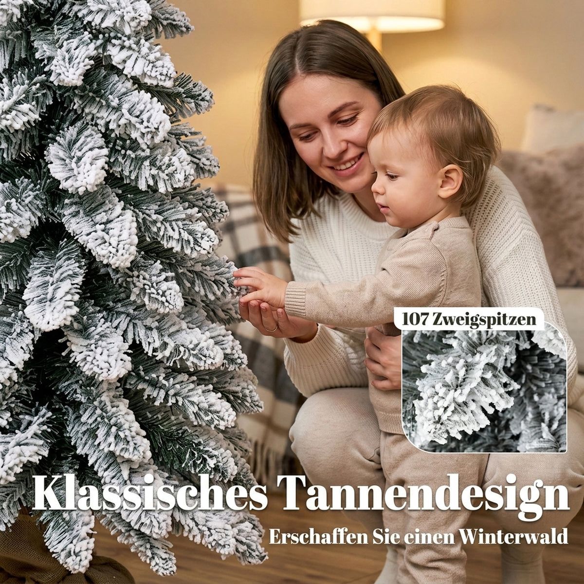 Künstlicher Weihnachtsbaum, 90 cm (3 ft), schlanker Pencil-Baum mit 107 Zweigspitzen, Jutebasis, Weiß