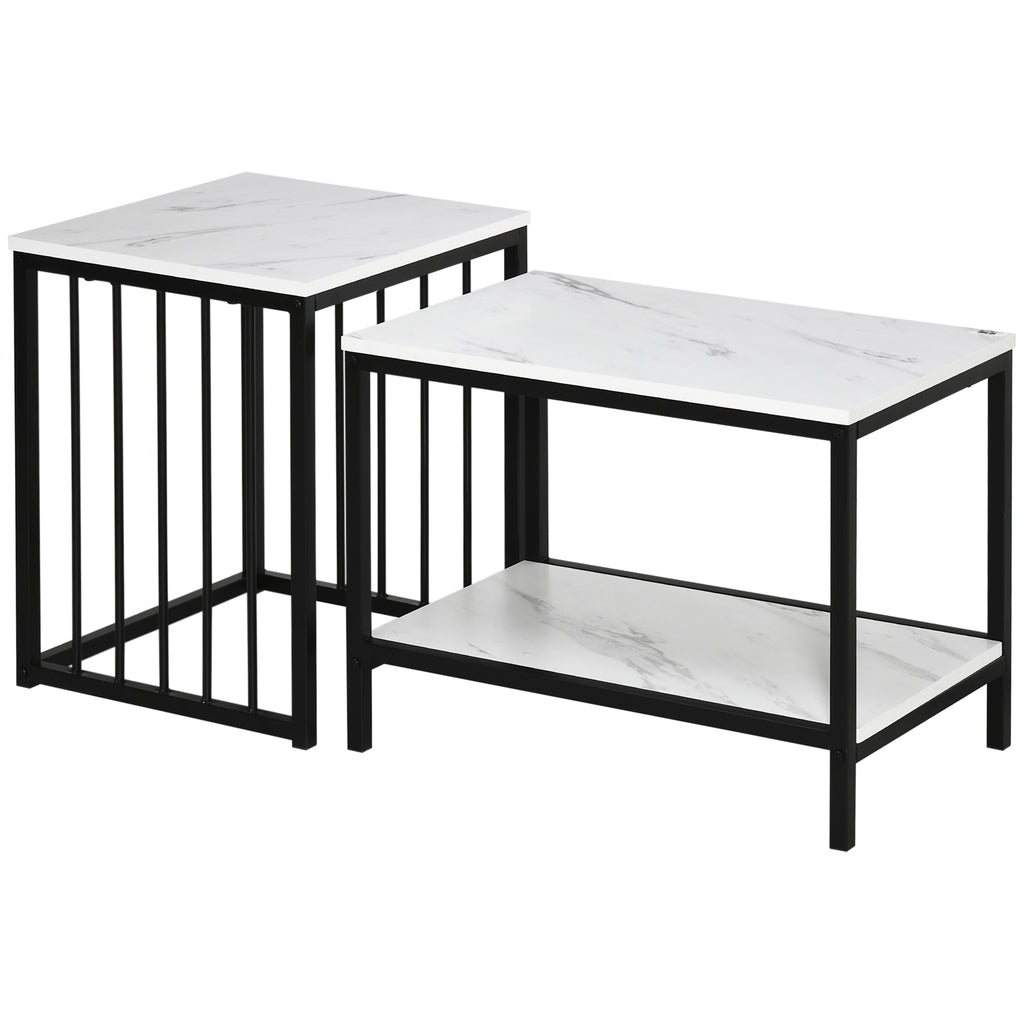 Modern Coffee Table Set of Two, Marble-Effect Nesting Side Tables with Steel Frame for Living Room, White, Black