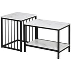 Modern Coffee Table Set of Two, Marble-Effect Nesting Side Tables with Steel Frame for Living Room, White, Black