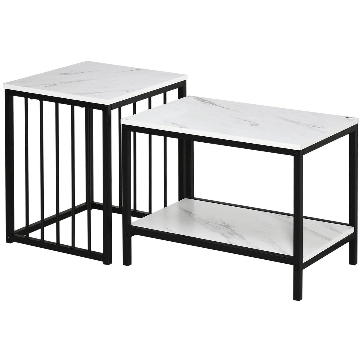 Modern Coffee Table Set of Two, Marble-Effect Nesting Side Tables with Steel Frame for Living Room, White, Black