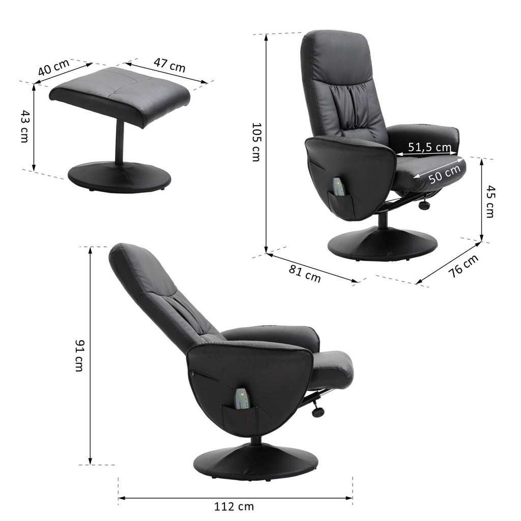 Relaxsessel mit Hocker, drehbarer Fernsehsessel mit 10 Massagepunkte, Liegefunktion, Massagesessel mit Fernbedienung, Seitentasche, TV-Sessel, Kunstleder, Schwarz
