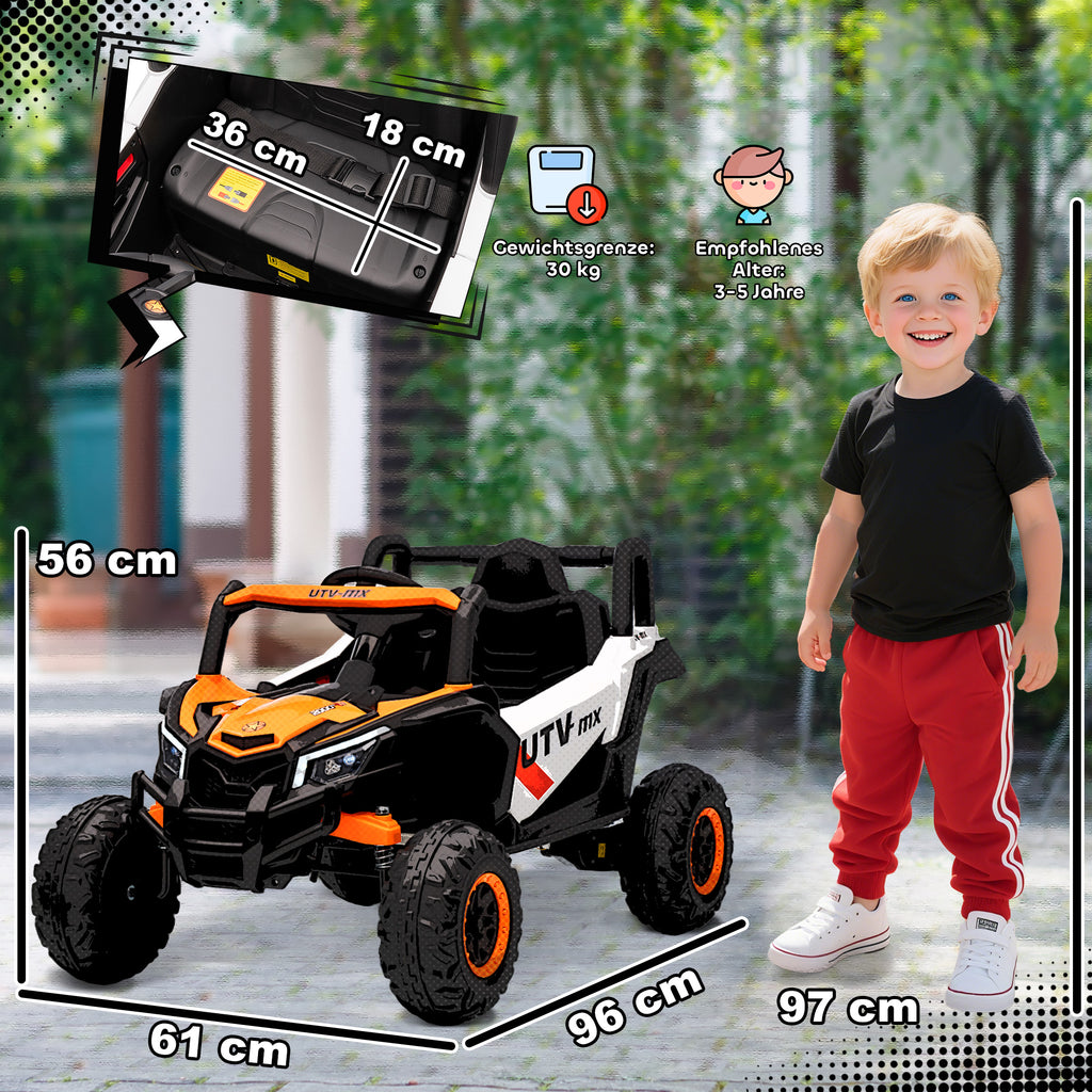 12V Elektroauto f¨¹r Kinder, Fernbedienungsfunktion, Gurt, Hupe, LED-Lichter, USB-Port, f¨¹r 3-5 Jahre, Orange