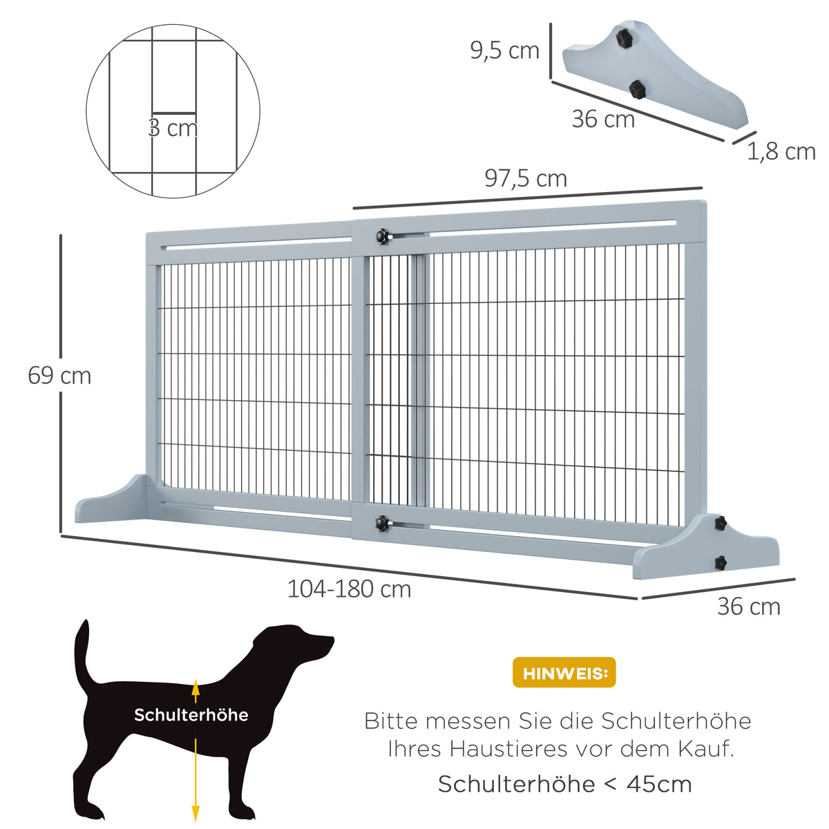 Freestanding Dog Gate, Foldable Pet Fence, Indoor Wood Barrier, Stair Gate with Support Feet, for Doorway, Hallway, Small and Medium Dogs, 69H x 104-180 cm, Blue-grey