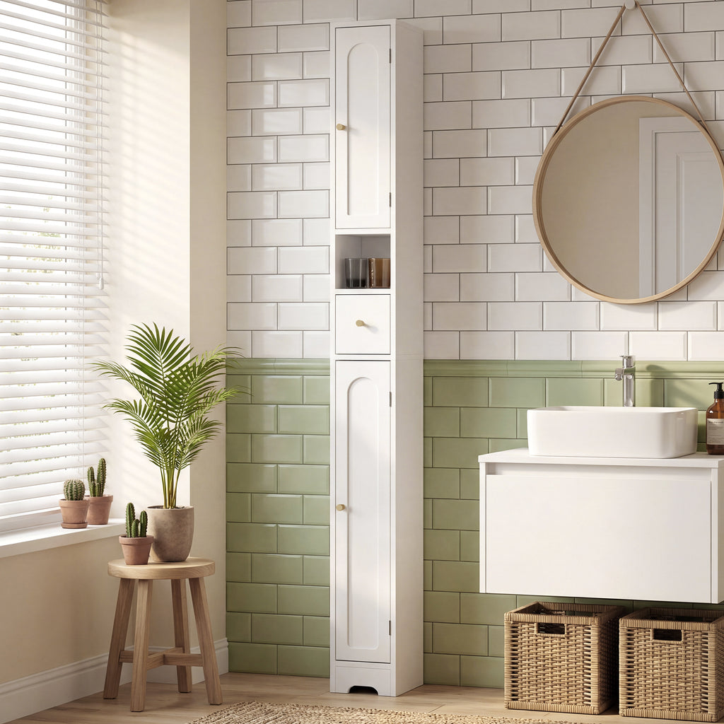 Badezimmerschrank schmaler Badschrank mit Schublade gewölbten Türen offenem Fach verstellbare Ablage 20x20x185 cm Weiß