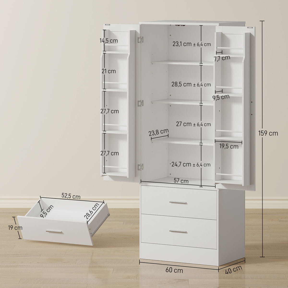 159 cm K¨¹chenschrank, verstellbare Regale, 2 Schublade, f¨¹r K¨¹che, Esszimmer, Spanplatte, MDF, Wei?