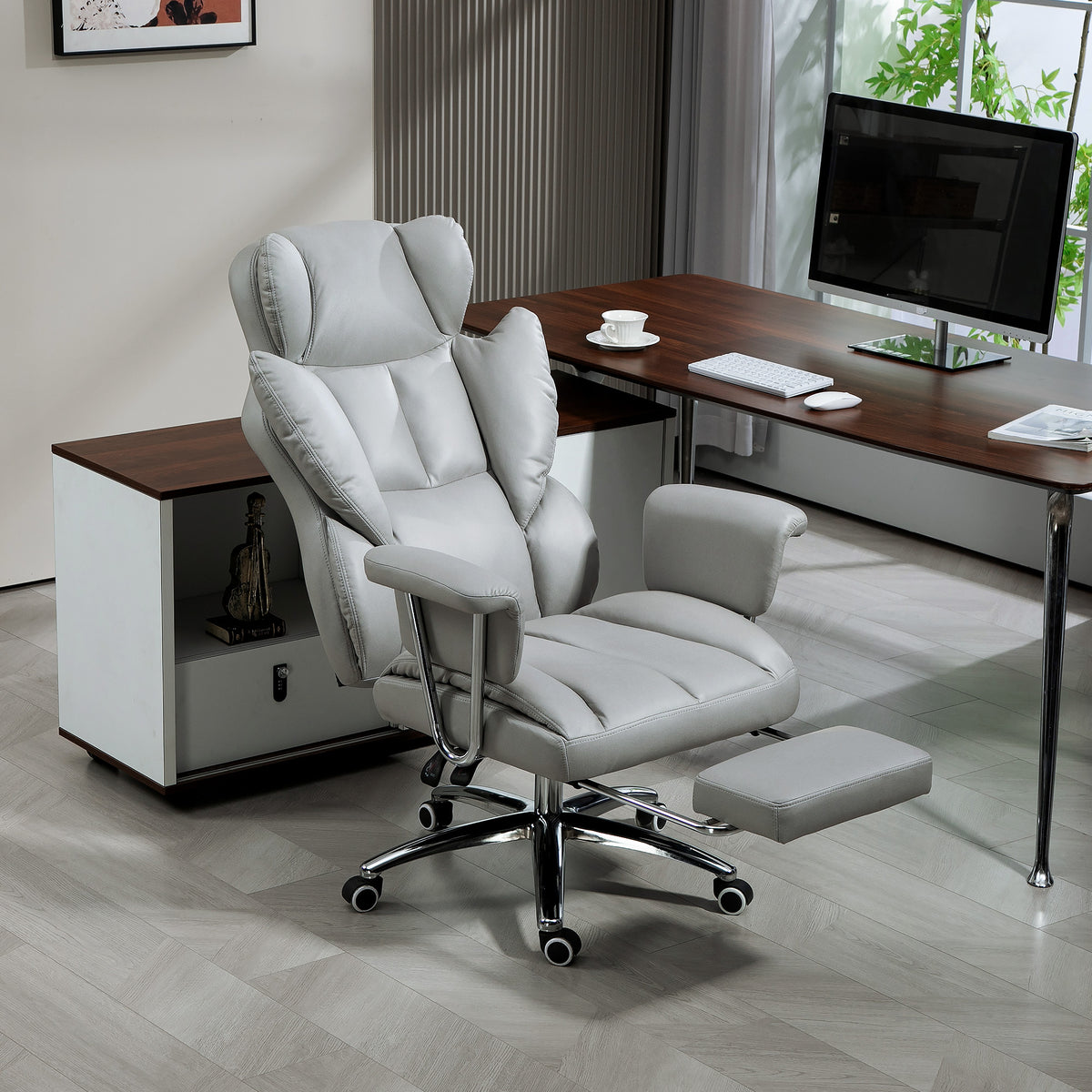 Ergonomischer B¨¹rostuhl, gepolstert, mit Fu?st¨¹tze, verstellbarer Lehne, 360¡ã drehbar, Hellgrau
