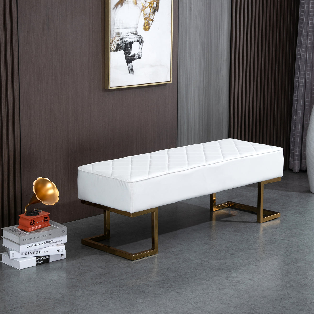 Sitzbank f¨¹r Schlafzimmer Truhenbank Bettbank Wohnzimmer Kunstleder Metall Wei?+Gold 120 x 43 x 42 cm