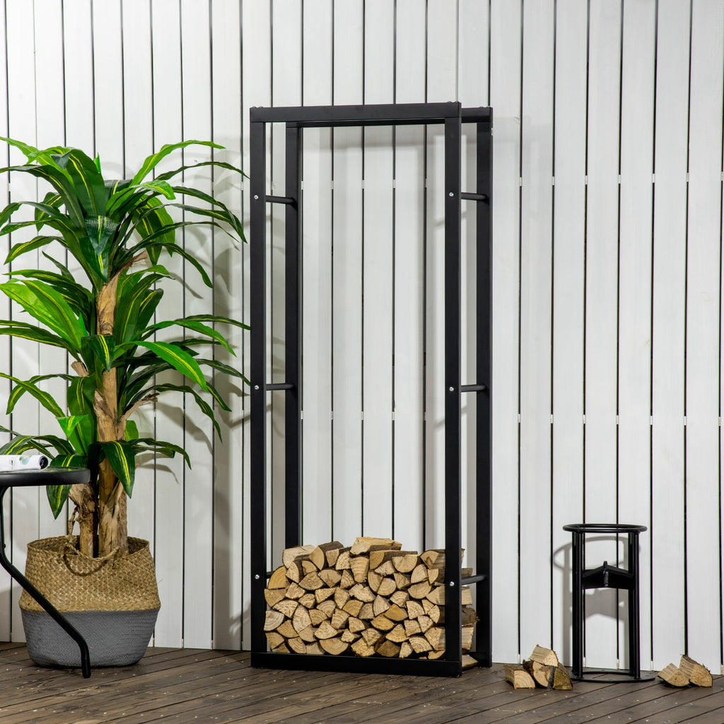 Metal Firewood Log Holder Tall Firewood Rack Indoor Outdoor Fireplace Wood Storage Shelf, Black, 60Wx25Dx150Hcm