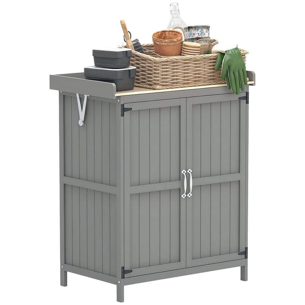 Gartenschrank, Werkzeugschrank für den Außenbereich, mit Arbeitsfläche, Holz und Edelstahl, Doppeltüren, Grau
