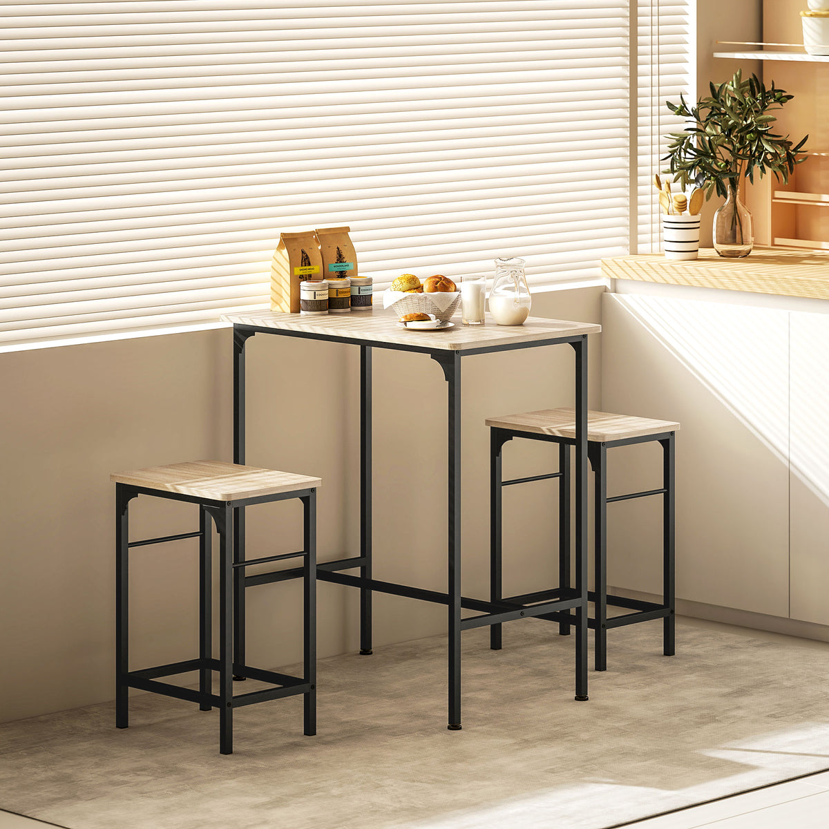 Bartisch Set Bartisch mit Barhocker-Set Esstisch mit 2 Stühlen mit Rutschfestem Fußpolster Naturholz