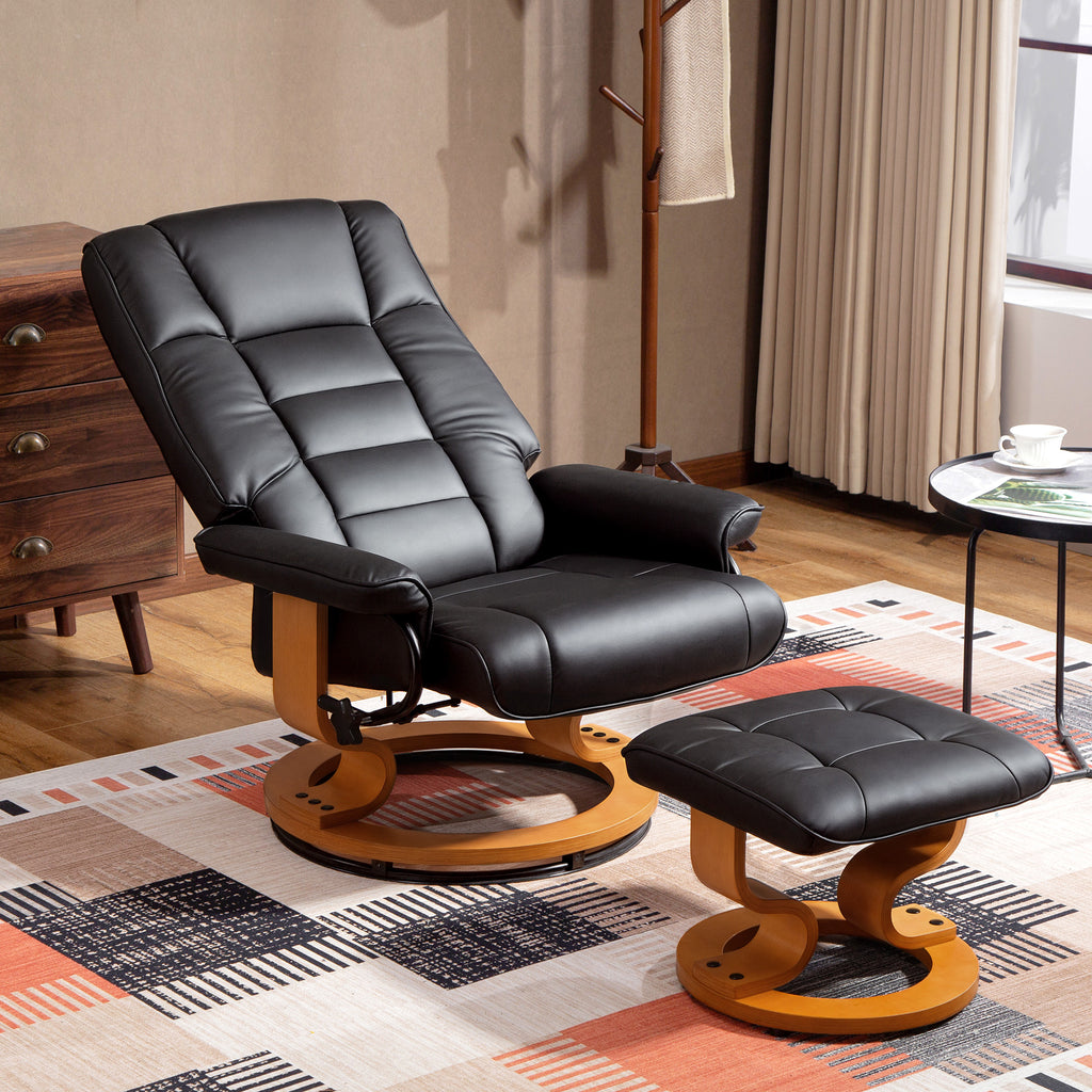Relaxsessel mit Hocker, drehbar & neigbar, Kunstlederbezug, bis 150 kg, Holzgestell, Schwarz