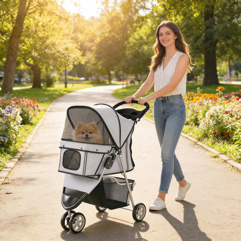 Dog Stroller, 3 Wheels Foldable Pet Stroller with Adjustable Canopy, Storage Basket for Small Mini Breeds, Grey