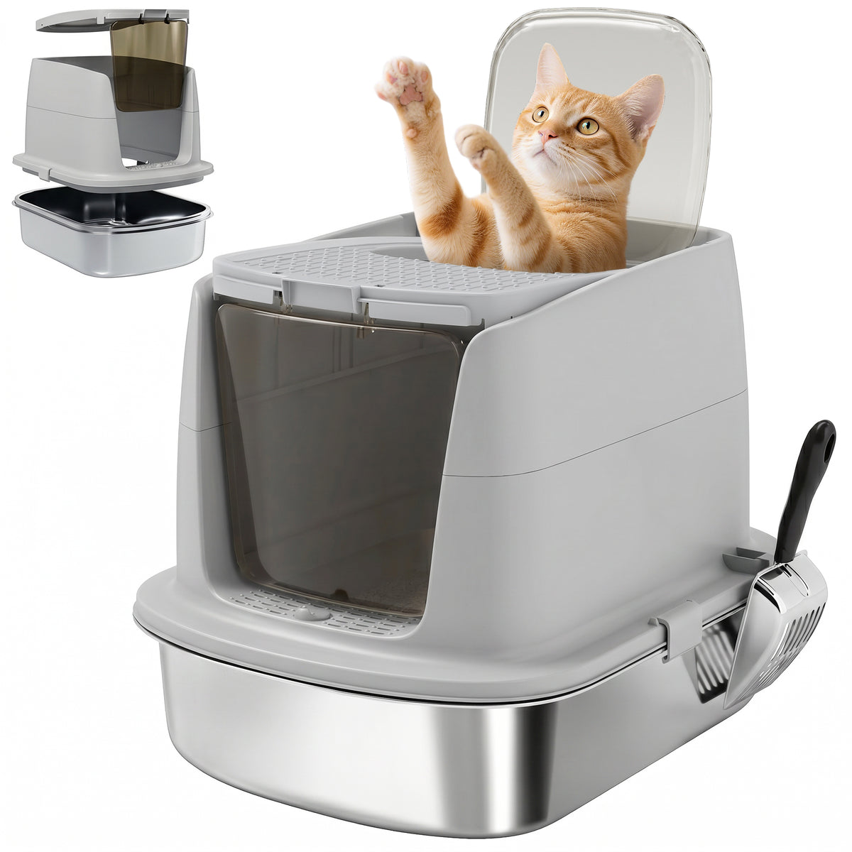 Katzentoilette Edelstahl, geschlossene Katzentoilette mit Schaufel, Geruchsbeutel, Einstieg Ausgang