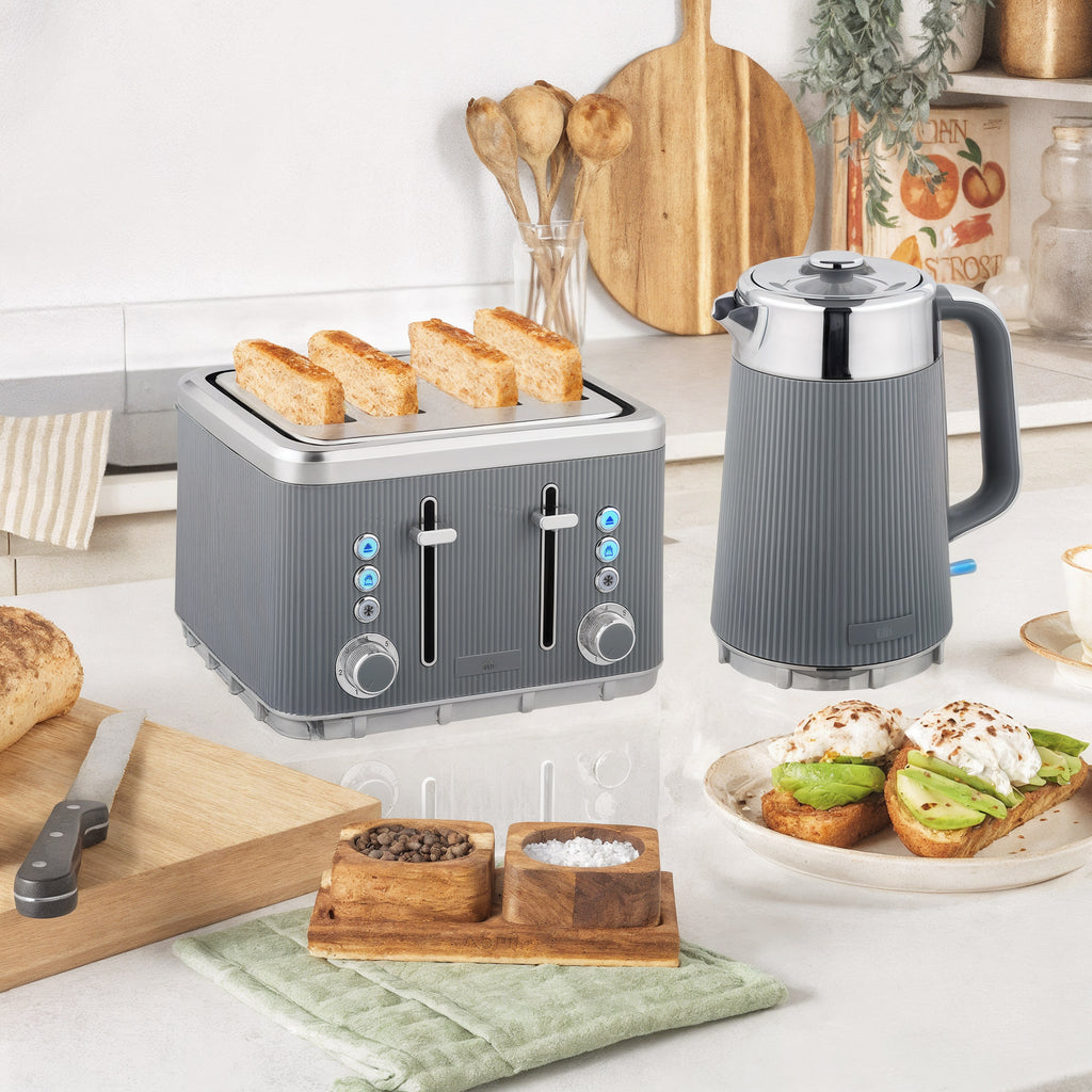 2200W, 1,7L Wasserkocher mit Schnellkochfunktion, Entkalkungsfilter und 4-Scheiben-Toaster mit 7 Br?unungsstufen, Grau