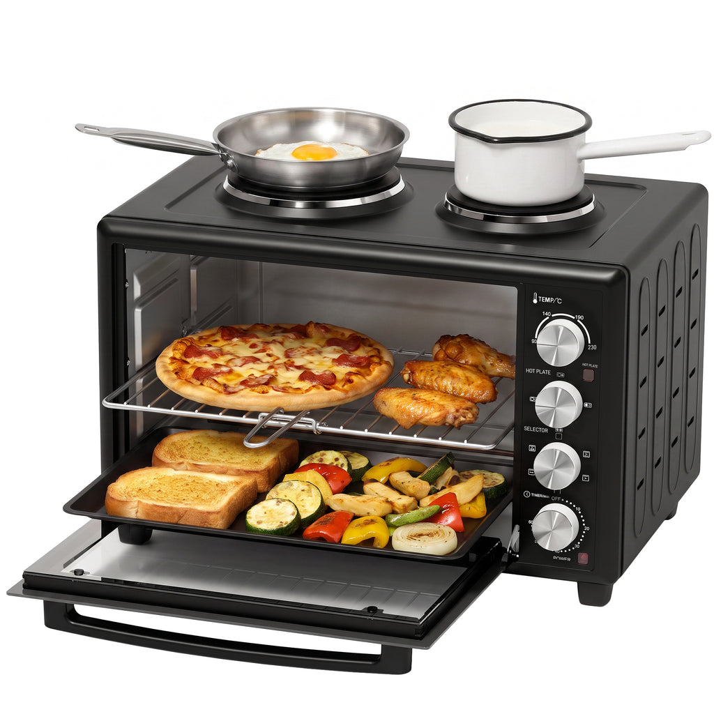 36L Mini-Backofen mit 2 Kochplatten, elektrischer Tischbackofen mit Umluft, 90–230 °C