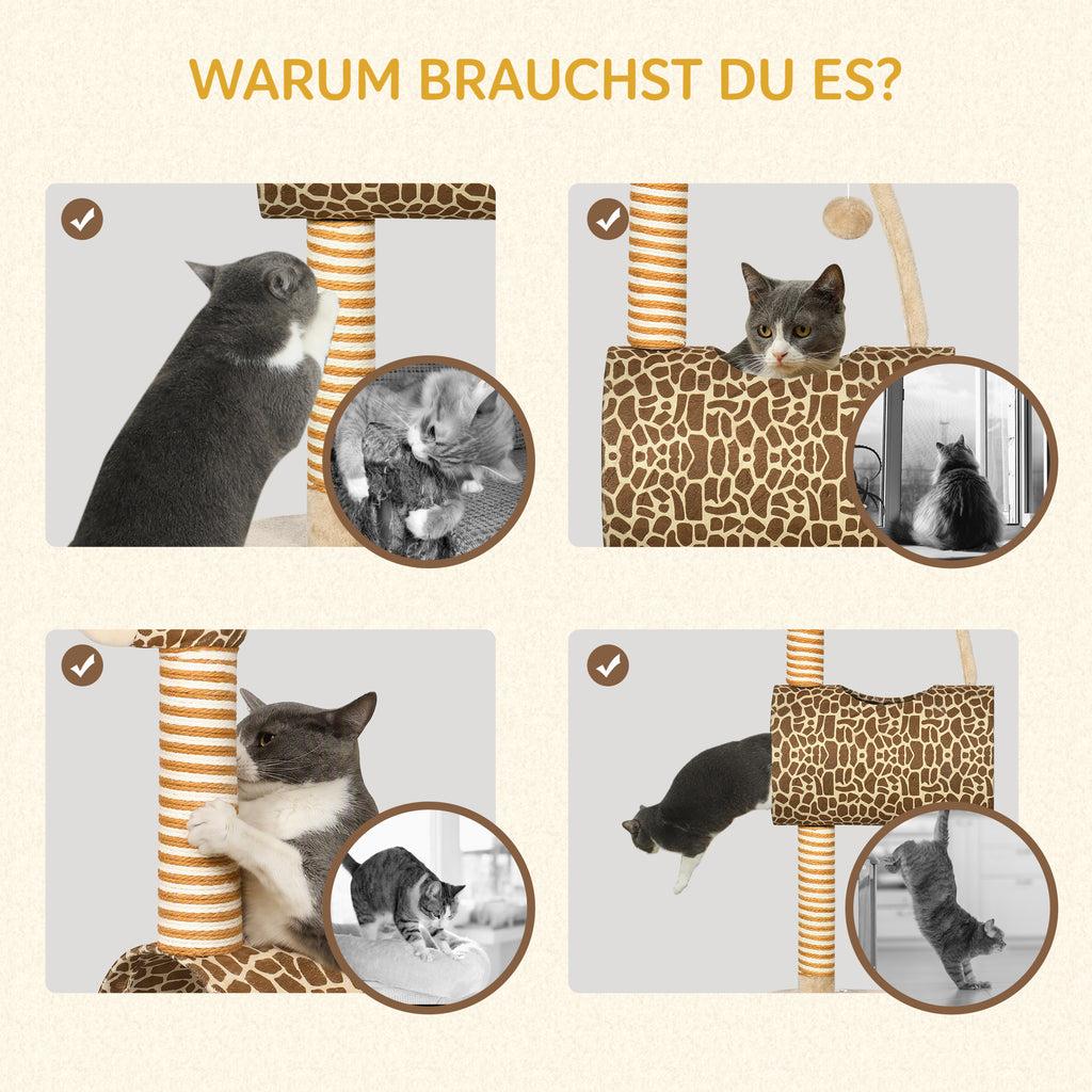 Giraffe-Designed Cat Tree, with Scratching Posts, Cat Tunnel, Toy Ball - Beige