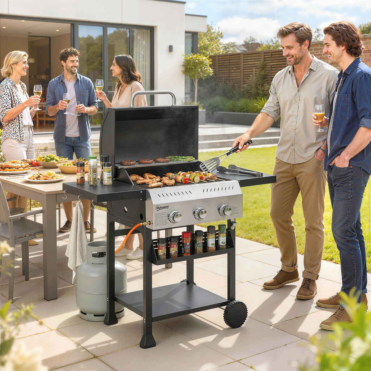 Gasgrill 9 KW 3 Brenner BBQ Grillwagen Edelstahl inkl klappbar Seitentisch Gewürzhalter Unterregal 6 Haken
