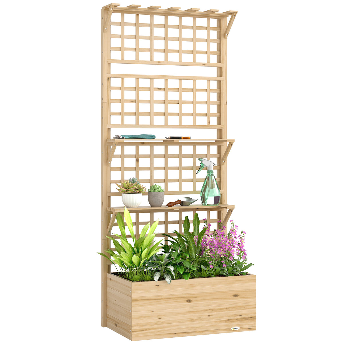 Hochbeet mit Rankgitter & hängendem Dach, Holz Blumenkasten mit 2 Regalen Ablauflöchern 76 x 43,5 x 177 cm