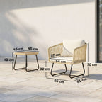 Rattan Bistroset 3 teiliges FSC Gartenmöbel-Set mit 2 Sessel, Lamell-Holztisch, dicke waschbare Kissen Stahlrahmen