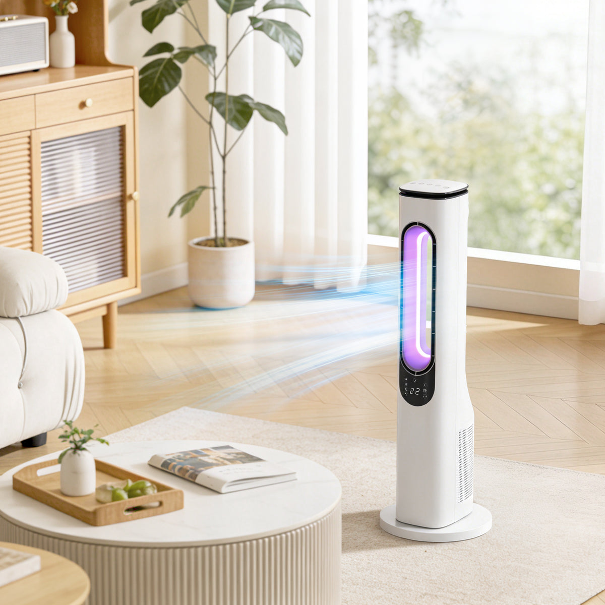 Rotorloser Turmventilator für Schlafzimmer, 35 dB leiser Standventilator mit 50° Oszillation, LED-Leuchten, 3 Geschwindigkeiten, 15-Stunden-Timer, Weiß