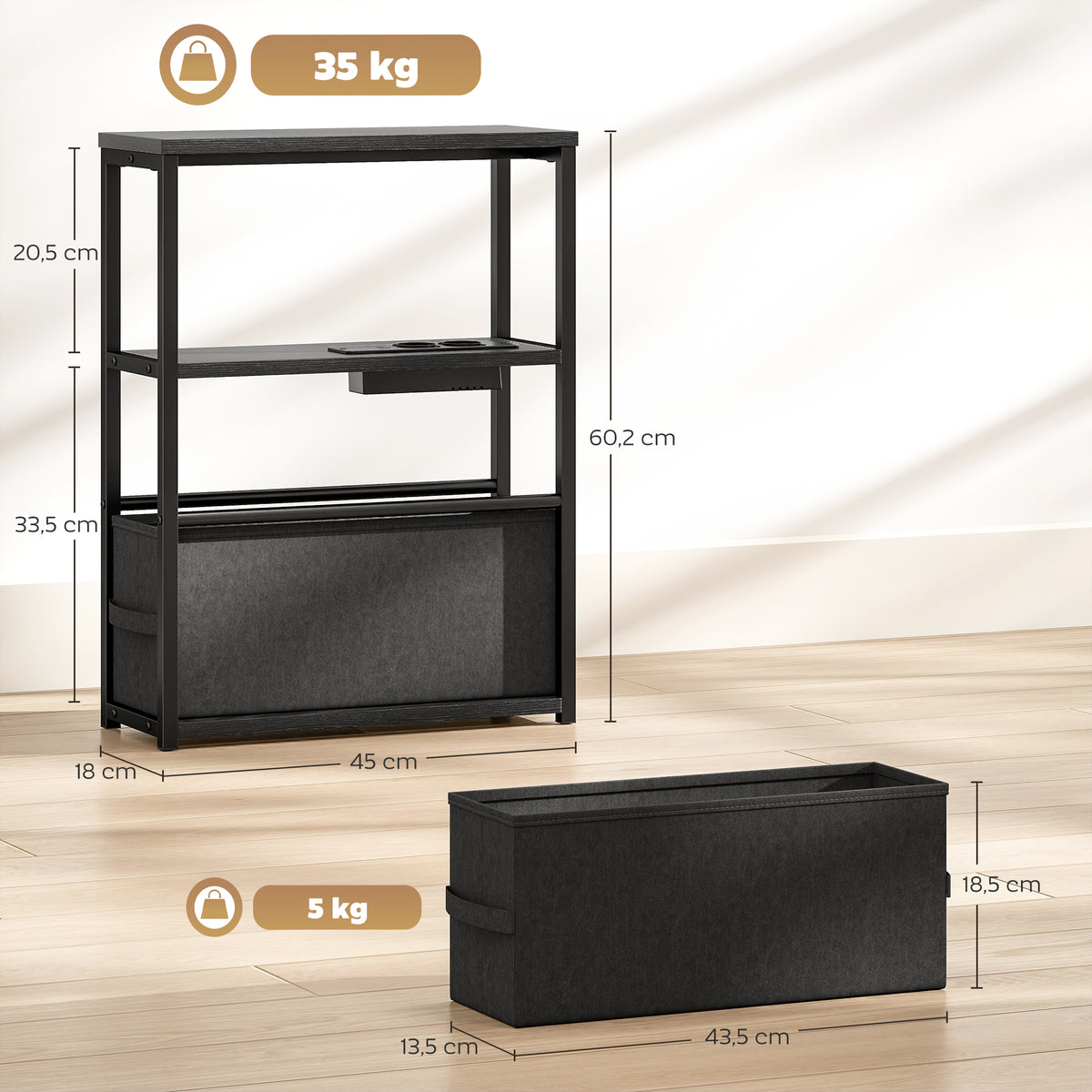 Beistelltisch Sofatisch mit Steckdosenleiste, Ablage, f¨¹r Kleine R?ume, 45x18x60,2cm, Schwarz