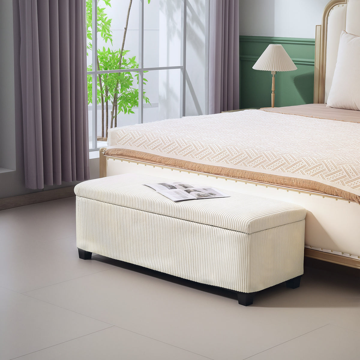 Sitzbank mit Stauraum, Aufbewahrungsbank, Cord-Design, Stahlrahmen, Beige