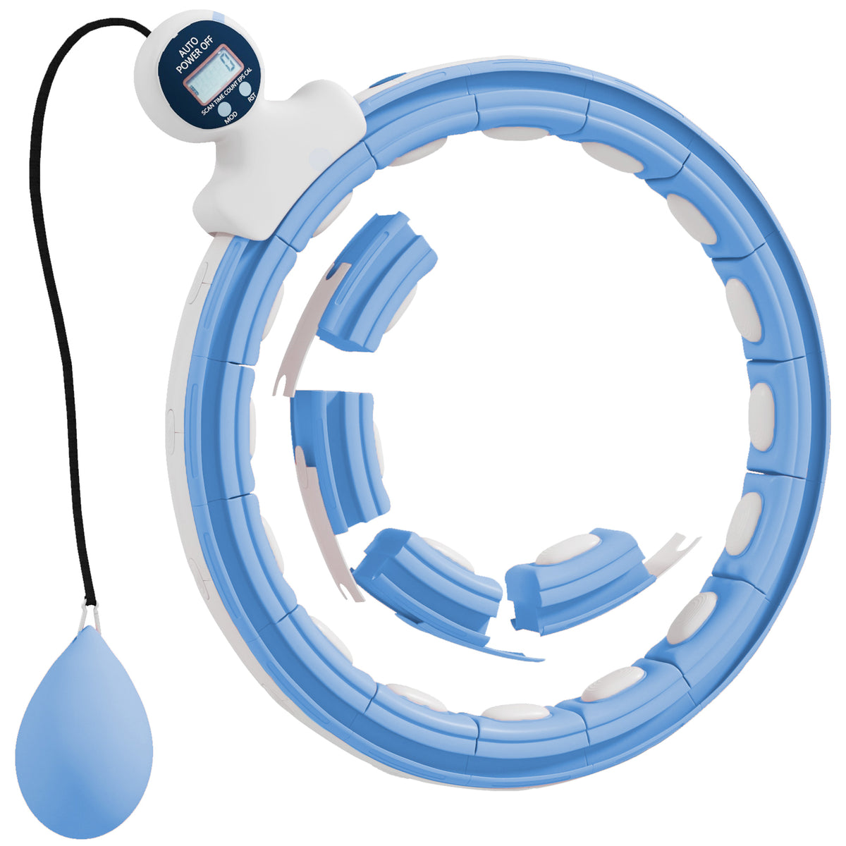 Smart Weighted Hula Hoop, Massage Hula Ring w/ 16 Detachable Knots, 360° Auto-Rotating Ball, Digital Counter Light Blue