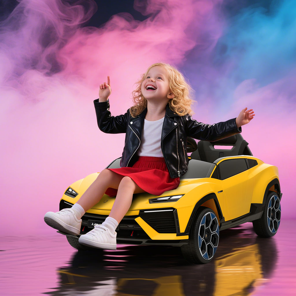 Kinder Elektroauto 12V Kinderauto mit 2,4 GHz Fernbedienung, 2 Motor, Hupe, LED, Musik, 101,5 x 49 x 43 cm, Gelb