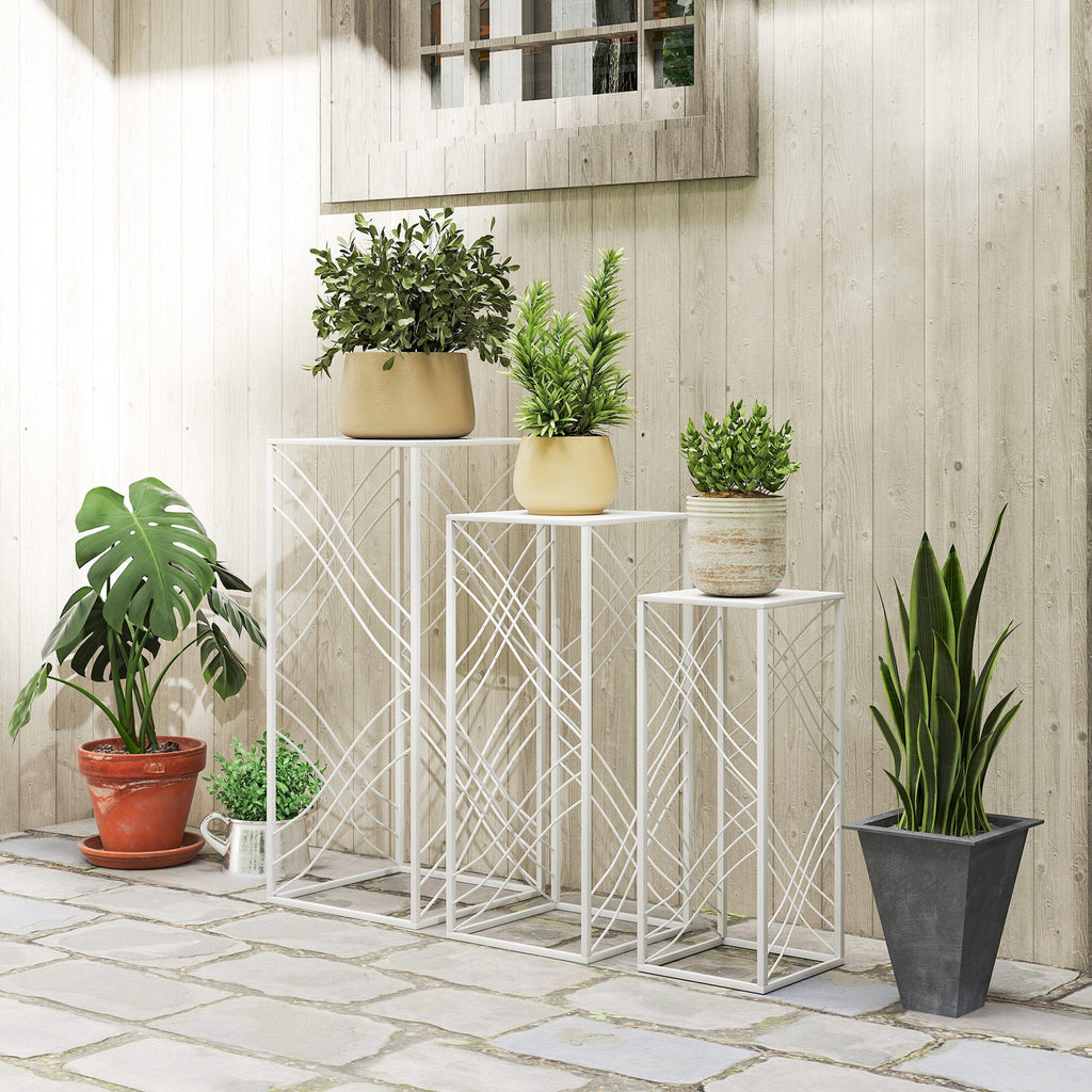 3er-Set Pflanzenständer, 50/60/70 cm hoch Blumenständer, stapelbar Pflanzenregal aus Metall Weiß