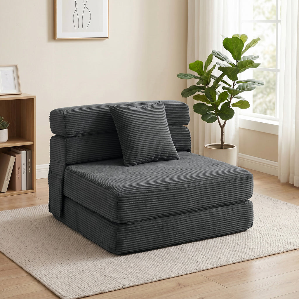 2-in-1 Boneless Cloud Bodenstuhl, klappbares Schlafsessel mit Cord-Optik & Lendenkissen, Dunkelgrau