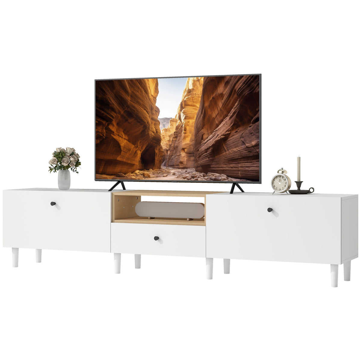 200 cm TV-Kommode für Fernseher bis zu 90 Zoll, 2 Klappenfächer, offenes Fach, Schublade, 8 Beine, Spanplatte, Weiß