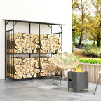 Brennholzregal, 2 Etagen, verzinktes Stahl-Dach, Metallrahmen, 186 x 75 x 185 cm, Schwarz