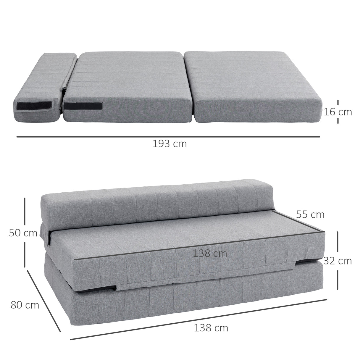 Klappsessel mit Bettfunktion, G?stebett, faltbar, bis 250 kg, 138x80x50 cm, Grau
