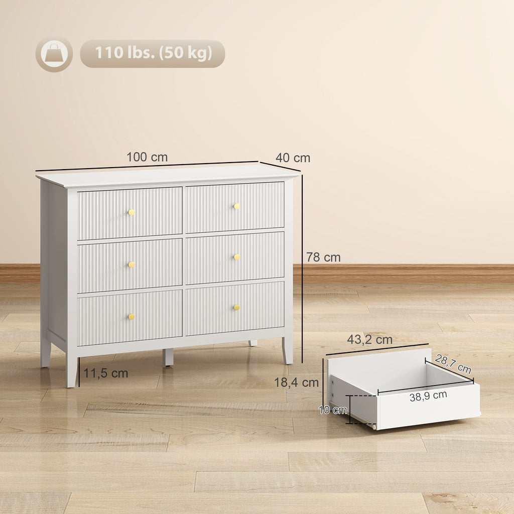 Fluted Dresser, 6 Drawer Chest of Drawers for Bedroom, Living Room, Hallway, Closet, White