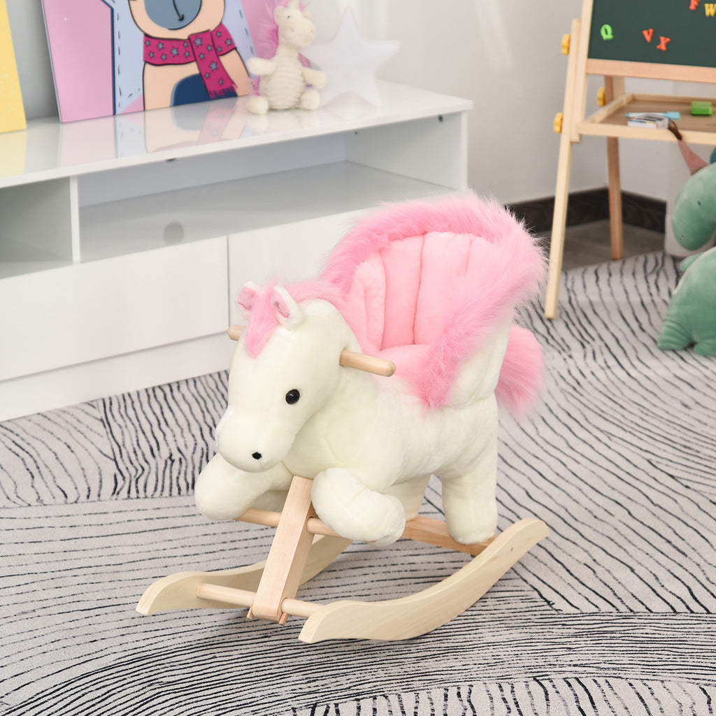 Schaukelpferd Schaukeltier mit Sound Effekt, Haltegriffen, Plüsch Baby Schaukelspielzeug Schaukel Schaukelsitz für Kleinkinder 1,5-3 Monate