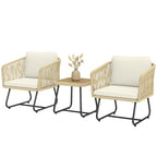 Rattan Bistroset 3 teiliges FSC Gartenmöbel-Set mit 2 Sessel, Lamell-Holztisch, dicke waschbare Kissen Stahlrahmen