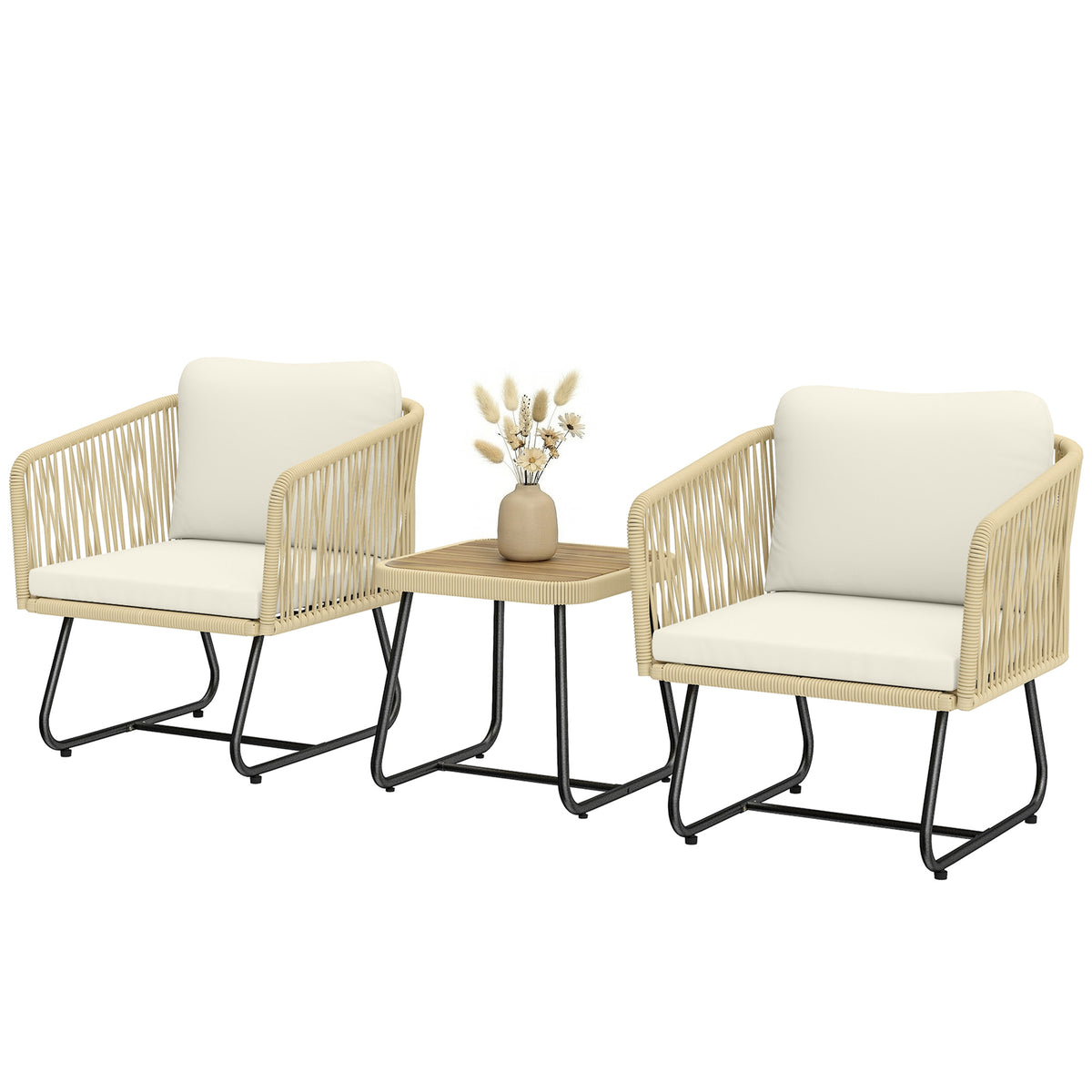 Rattan Bistroset 3 teiliges FSC Gartenmöbel-Set mit 2 Sessel, Lamell-Holztisch, dicke waschbare Kissen Stahlrahmen