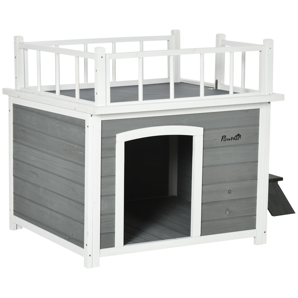 Hundehütte, Dachterrasse, Treppe, Fenster, Bodenabstand, Naturholz, hellgrau, 121 x 77 x 78cm