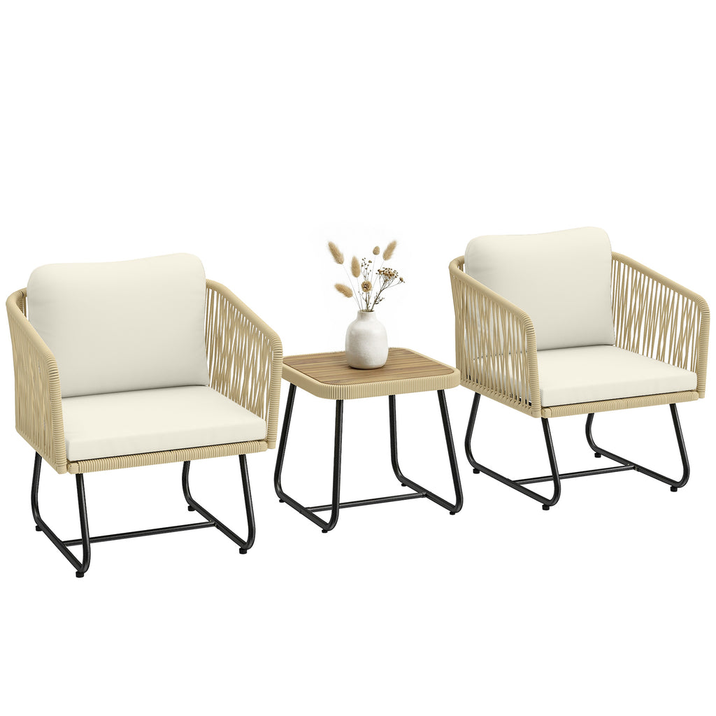 Rattan Bistroset 3 teiliges FSC Gartenmöbel-Set mit 2 Sessel, Lamell-Holztisch, dicke waschbare Kissen Stahlrahmen