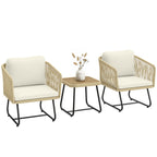 Rattan Bistroset 3 teiliges FSC Gartenmöbel-Set mit 2 Sessel, Lamell-Holztisch, dicke waschbare Kissen Stahlrahmen