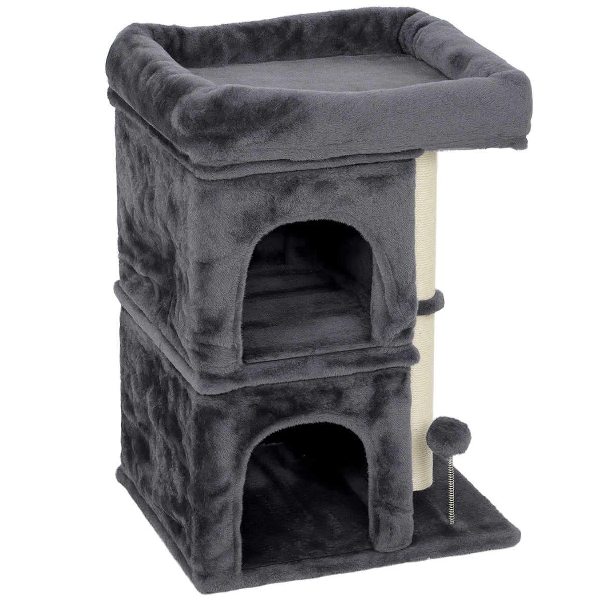 66 cm Small Cat Tree for Large Cats, Cat Tower w/ Large Top Perch, 2 Condos, Sisal Scratching Post, Toy Ball, Dark Grey