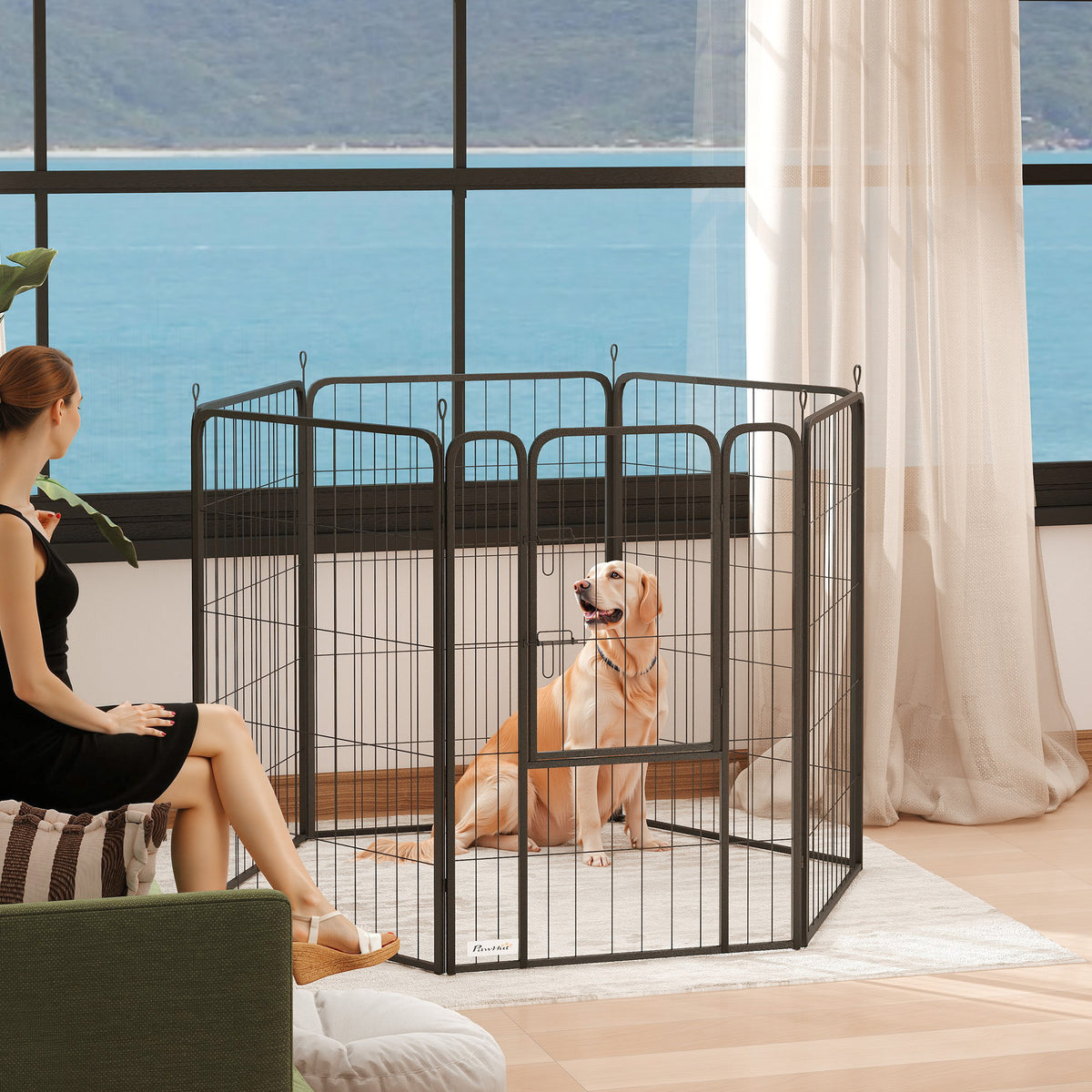 Six-Panel Dog Playpen with Door, for Large Dogs, Indoors, Outdoors, 100cm Tall, Black