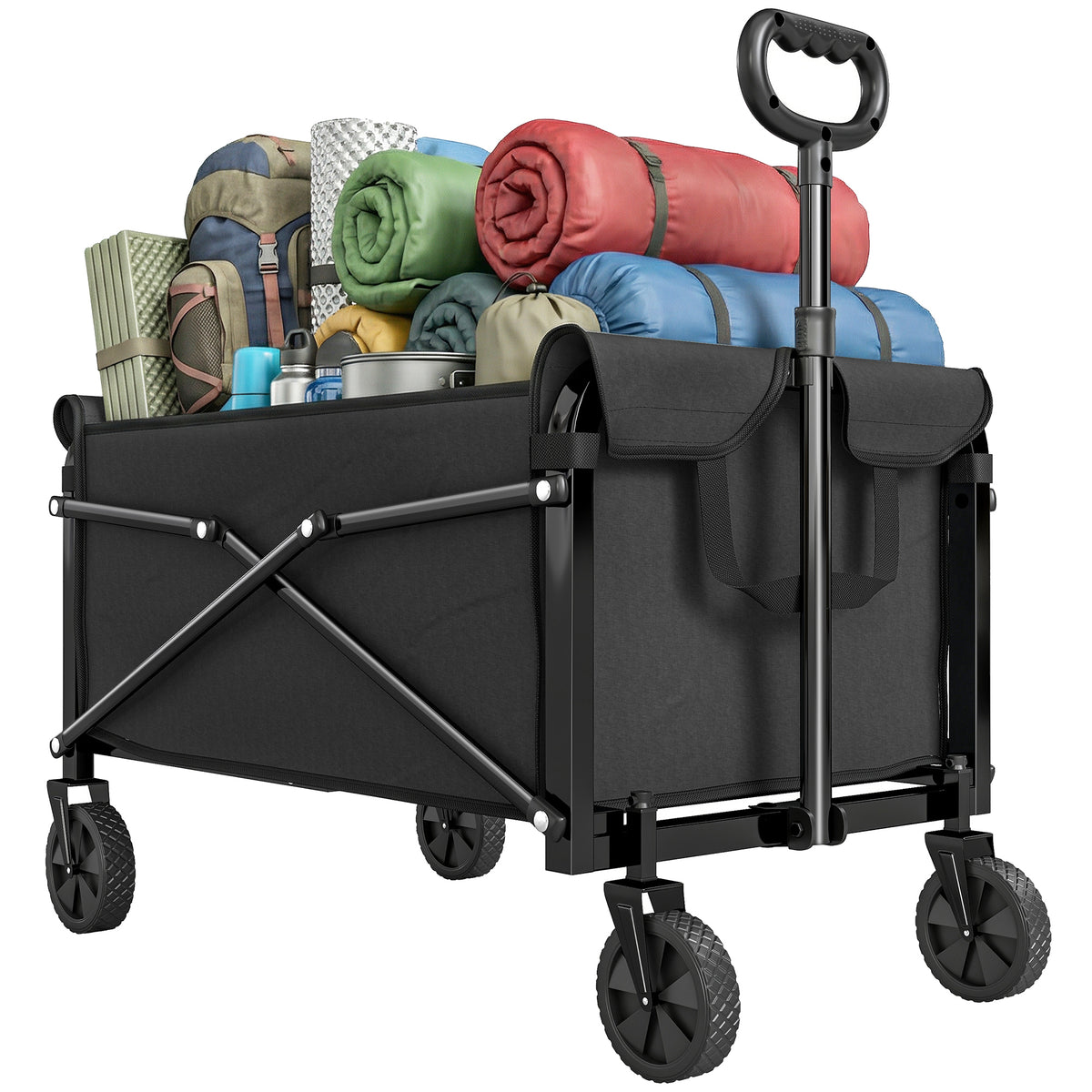 81L Festival Trolley on Wheels, Compact Garden Folding Trolley Cart with Adjustable Handle 80L Black