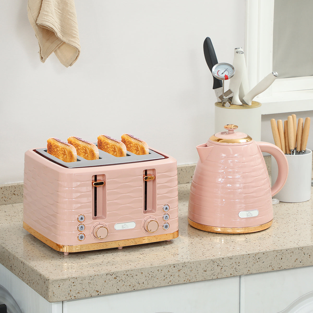 2-in-1 Toaster- und Wasserkocher-Set, 7 Br?unungsstufen, Auftau- und Aufw?rmfunktion, Rosa