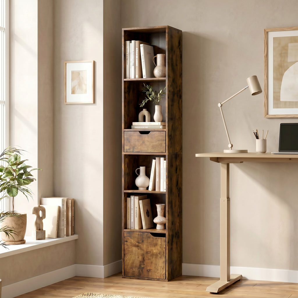 Bücherregal mit 6 Ebenen, 3-stufig verstellbar, mit Schublade, Schranktür, anpassbares Regal, Ausstellungsregal, Braun