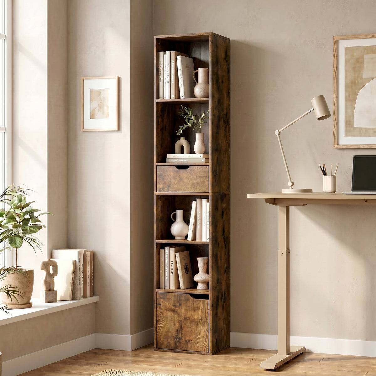 Bücherregal mit 6 Ebenen, 3-stufig verstellbar, mit Schublade, Schranktür, anpassbares Regal, Ausstellungsregal, Braun