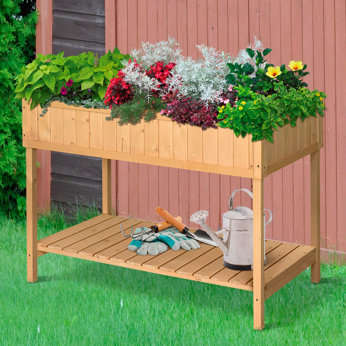 Fir Wood Raised Rectangular 8 Compartment Plant Stand Oak Tone