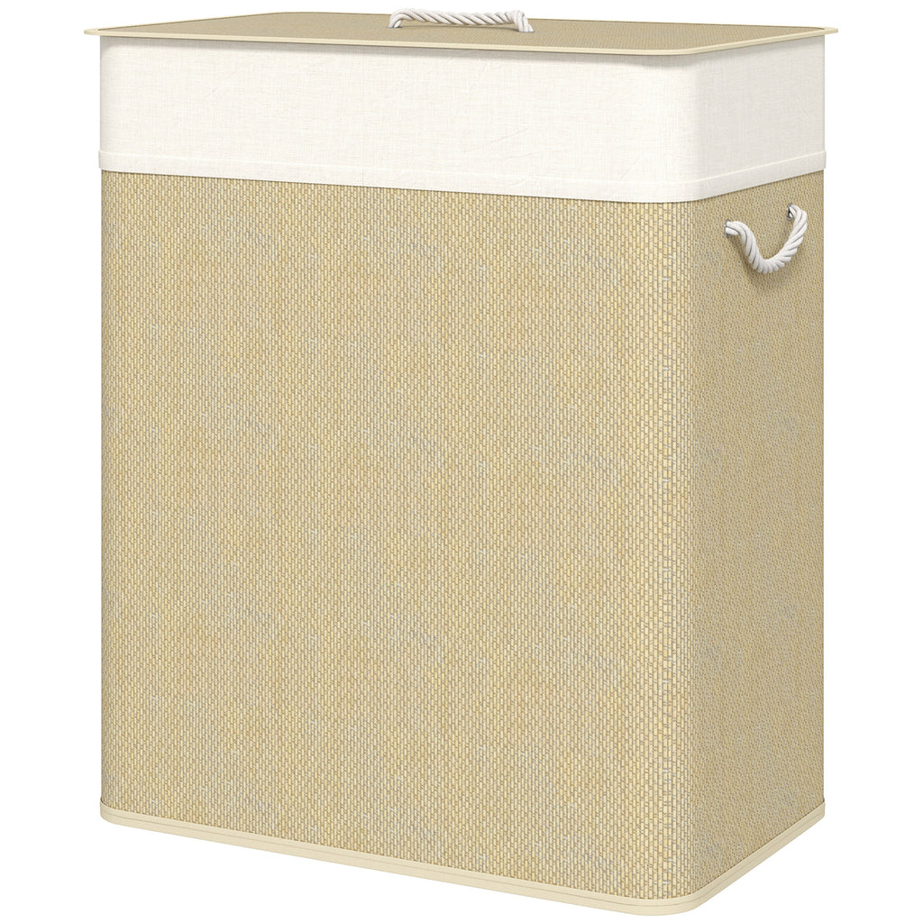 2 Section Laundry Basket with Lid, 100L Bamboo Laundry Hamper with Handles, Removable and Washable Liner, Cream White