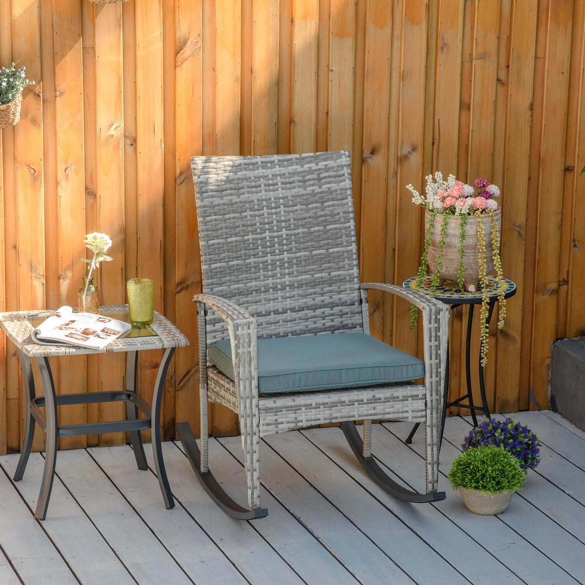 Schaukelstuhl Schwingsessel Gartenstuhl mit Kissen, Polyrattan+Metall, Grau, 66 x 88 x 98 cm